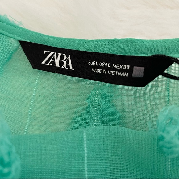 NWT Zara Sheer Puff Sleeve Spearmint Green Fringe Textured Blouse - Picture 9 of 12